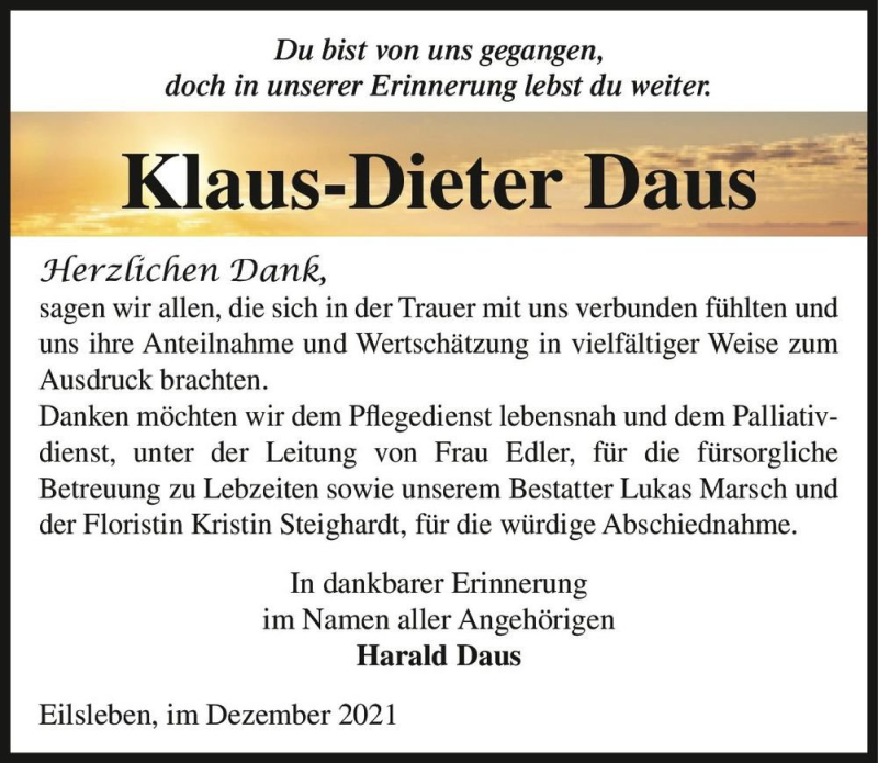  Traueranzeige für Klaus-Dieter Daus  vom 31.12.2021 aus Magdeburger Volksstimme