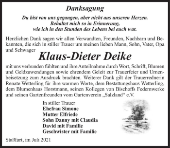 Traueranzeige von Klaus-Dieter Deike  von Magdeburger Volksstimme
