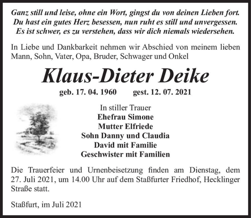  Traueranzeige für Klaus-Dieter Deike  vom 17.07.2021 aus Magdeburger Volksstimme