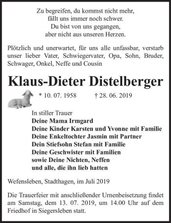 Traueranzeige von Klaus-Dieter Distelberger  von Magdeburger Volksstimme