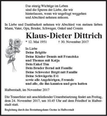 Traueranzeige von Klaus-Dieter Dittrich  von Magdeburger Volksstimme