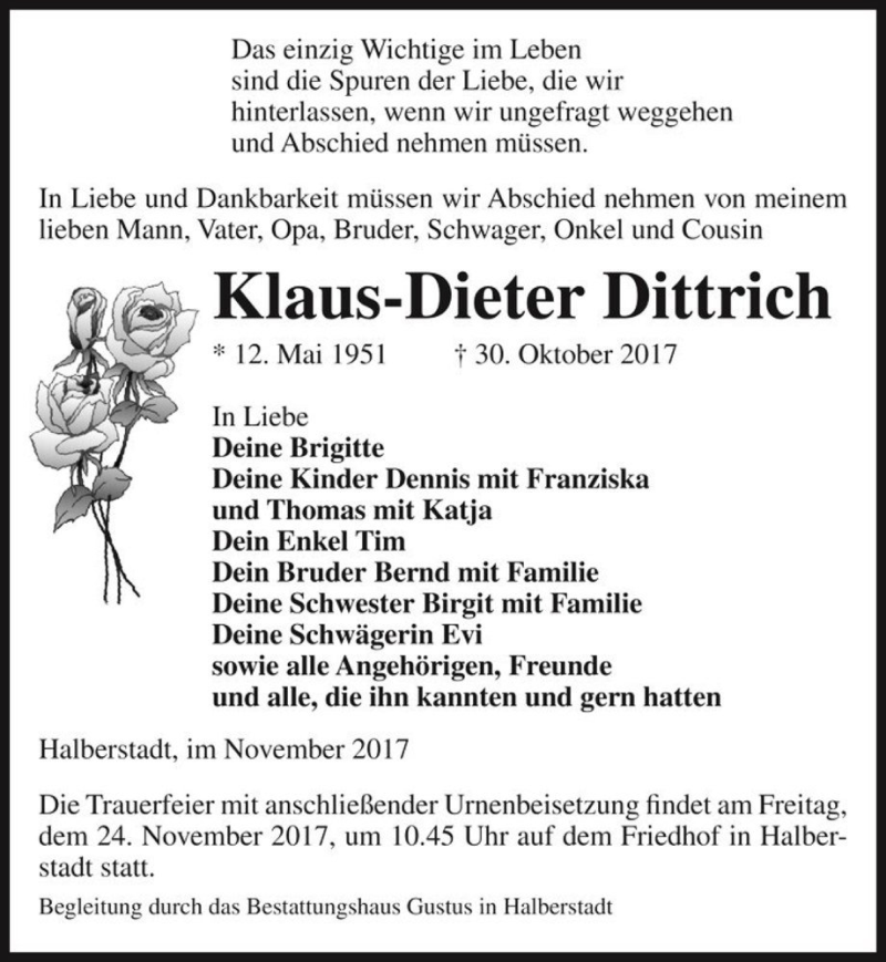  Traueranzeige für Klaus-Dieter Dittrich  vom 11.11.2017 aus Magdeburger Volksstimme
