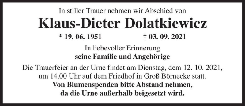  Traueranzeige für Klaus-Dieter Dolatkiewicz  vom 18.09.2021 aus Magdeburger Volksstimme