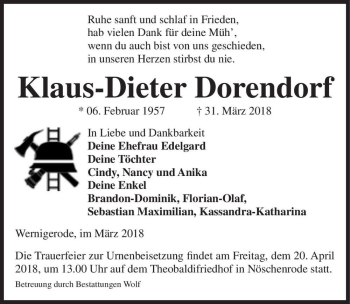 Traueranzeige von Klaus-Dieter Dorendorf  von Magdeburger Volksstimme