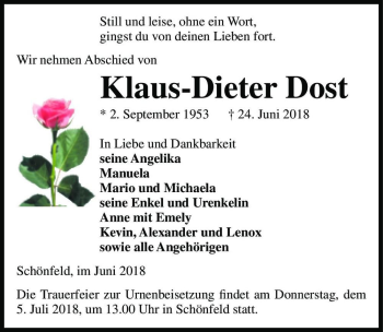Traueranzeige von Klaus-Dieter Dost  von Magdeburger Volksstimme