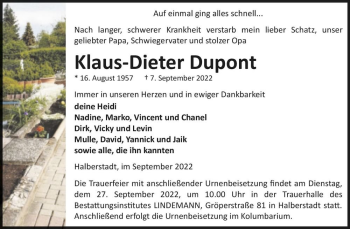 Traueranzeige von Klaus-Dieter Dupont  von Magdeburger Volksstimme