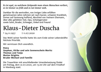 Traueranzeige von Klaus-Dieter Duscha  von Magdeburger Volksstimme