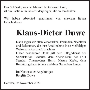 Traueranzeige von Klaus-Dieter Duwe  von Magdeburger Volksstimme