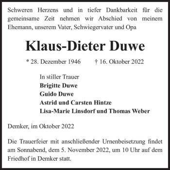 Traueranzeige von Klaus-Dieter Duwe  von Magdeburger Volksstimme