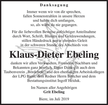 Traueranzeige von Klaus-Dieter Ebeling  von Magdeburger Volksstimme
