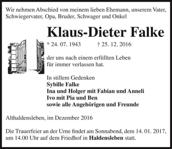 Traueranzeige von Klaus-Dieter Falke  von Magdeburger Volksstimme