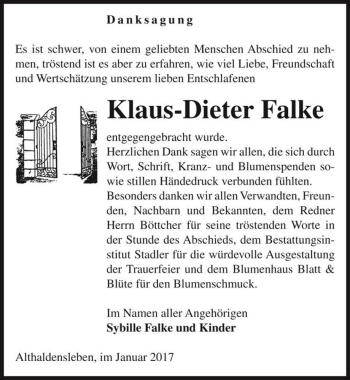 Traueranzeige von Klaus-Dieter Falke  von Magdeburger Volksstimme