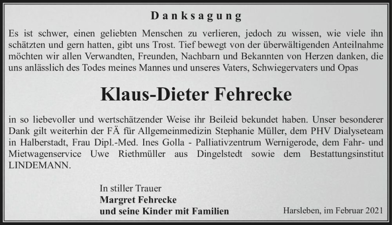  Traueranzeige für Klaus-Dieter Fehrecke  vom 06.02.2021 aus Magdeburger Volksstimme