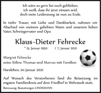 Traueranzeige von Klaus-Dieter Fehrecke  von Magdeburger Volksstimme