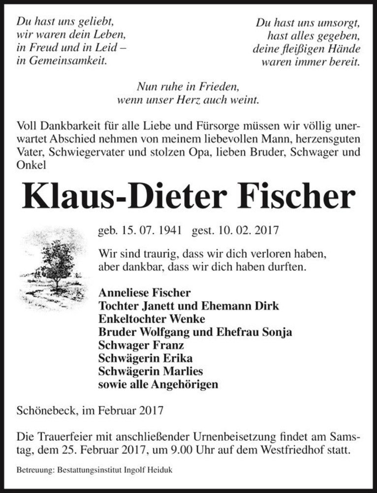  Traueranzeige für Klaus-Dieter Fischer  vom 18.02.2017 aus Magdeburger Volksstimme