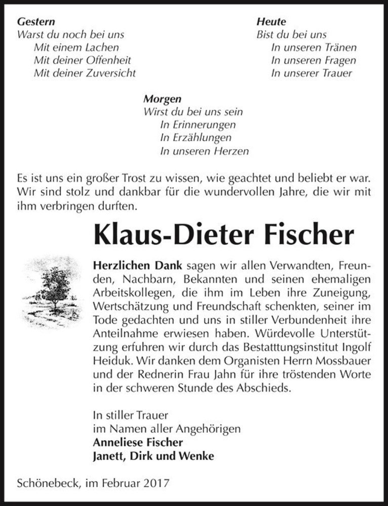  Traueranzeige für Klaus-Dieter Fischer  vom 04.03.2017 aus Magdeburger Volksstimme