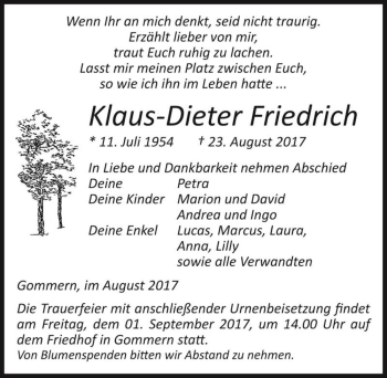 Traueranzeige von Klaus-Dieter Friedrich  von Magdeburger Volksstimme