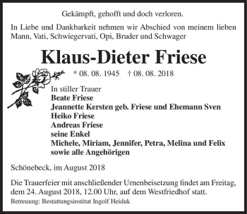Traueranzeige von Klaus-Dieter Friese  von Magdeburger Volksstimme