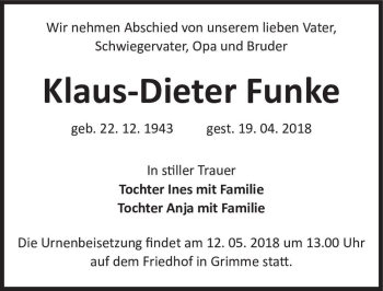 Traueranzeige von Klaus-Dieter Funke  von Magdeburger Volksstimme