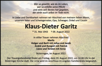 Traueranzeige von Klaus-Dieter Garitz  von Magdeburger Volksstimme
