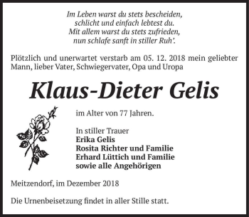 Traueranzeige von Klaus-Dieter Gelis  von Magdeburger Volksstimme