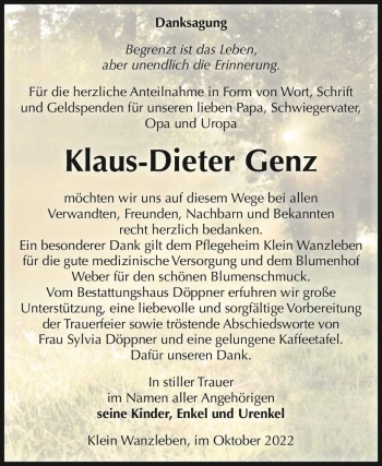 Traueranzeige von Klaus-Dieter Genz  von Magdeburger Volksstimme