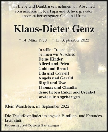 Traueranzeige von Klaus-Dieter Genz  von Magdeburger Volksstimme