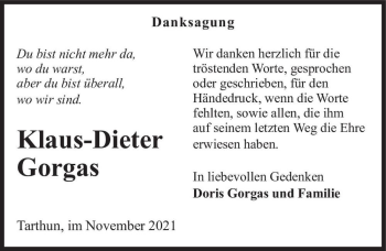Traueranzeige von Klaus-Dieter Gorgas  von Magdeburger Volksstimme