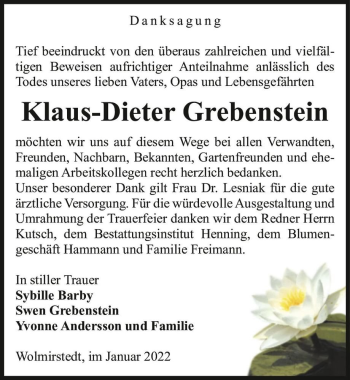 Traueranzeige von Klaus-Dieter Grebenstein  von Magdeburger Volksstimme