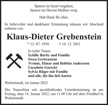 Traueranzeige von Klaus-Dieter Grebenstein  von Magdeburger Volksstimme