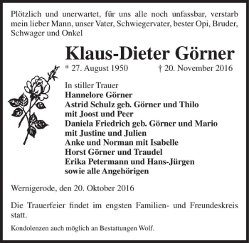 Traueranzeige von Klaus-Dieter Görner  von Magdeburger Volksstimme