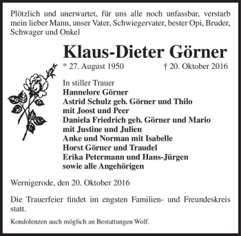 Traueranzeige von Klaus-Dieter Görner  von Magdeburger Volksstimme