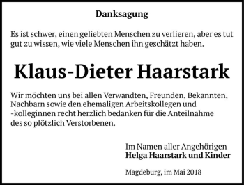 Traueranzeige von Klaus-Dieter Haarstark  von Magdeburger Volksstimme