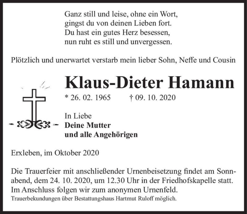  Traueranzeige für Klaus-Dieter Hamann  vom 17.10.2020 aus Magdeburger Volksstimme