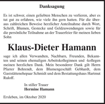 Traueranzeige von Klaus-Dieter Hamann  von Magdeburger Volksstimme
