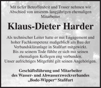 Traueranzeige von Klaus-Dieter Harder  von Magdeburger Volksstimme