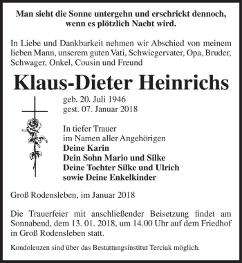 Traueranzeige von Klaus-Dieter Heinrichs  von Magdeburger Volksstimme