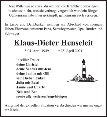 Traueranzeige von Klaus-Dieter Henseleit  von Magdeburger Volksstimme