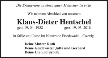Traueranzeige von Klaus-Dieter Hentschel  von Magdeburger Volksstimme