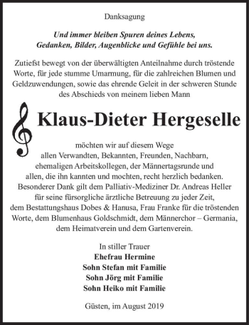 Traueranzeige von Klaus-Dieter Hergeselle  von Magdeburger Volksstimme