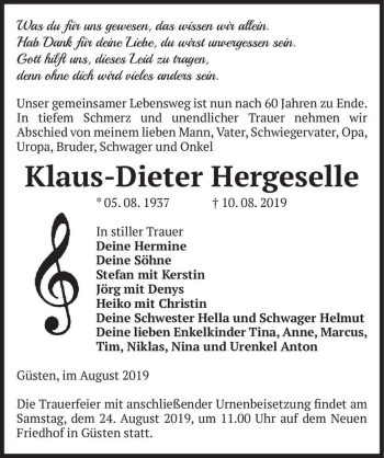 Traueranzeige von Klaus-Dieter Hergeselle  von Magdeburger Volksstimme
