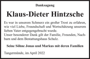 Traueranzeige von Klaus-Dieter Hintzsche  von Magdeburger Volksstimme