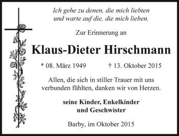 Traueranzeige von Klaus-Dieter Hirschmann  von Magdeburger Volksstimme