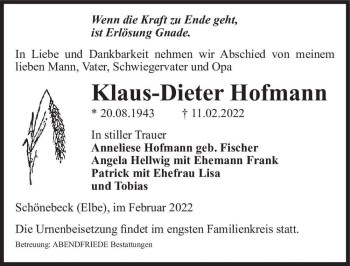 Traueranzeige von Klaus-Dieter Hofmann  von Magdeburger Volksstimme