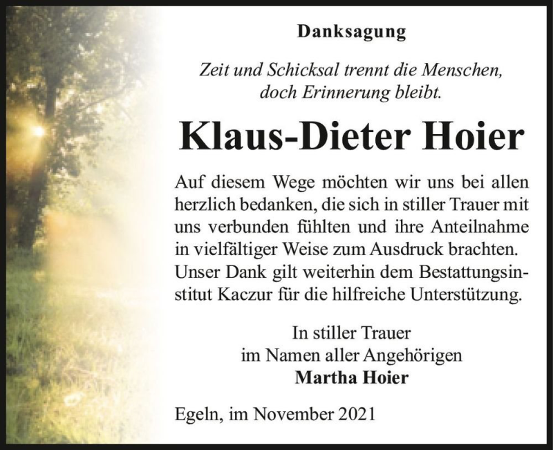 Traueranzeige für Klaus-Dieter Hoier  vom 27.11.2021 aus Magdeburger Volksstimme