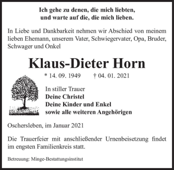 Traueranzeige von Klaus-Dieter Horn  von Magdeburger Volksstimme