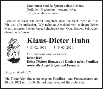 Traueranzeige von Klaus-Dieter Huhn  von Magdeburger Volksstimme