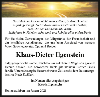 Traueranzeige von Klaus-Dieter Ilgenstein  von Magdeburger Volksstimme