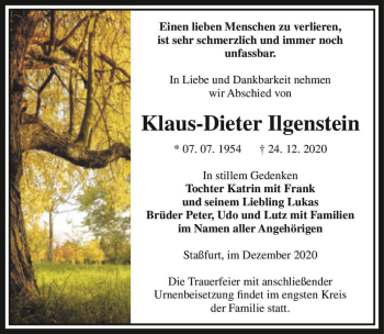 Traueranzeige von Klaus-Dieter Ilgenstetin  von Magdeburger Volksstimme