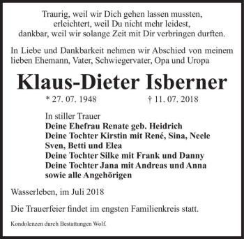 Traueranzeige von Klaus-Dieter Isberner  von Magdeburger Volksstimme